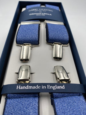 Albert Thurston for Cruciani & Bella Made in England Clip on Adjustable Sizing 35 mm elastic braces Denim Blue Plain X-Shaped Nickel Fittings Size: L #4829