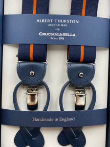 Albert Thurston for Cruciani & Bella Made in England 2 in 1 Adjustable Sizing 35 mm elastic braces Blue and Orange Stripe Y-Shaped Nickel Fittings #4871