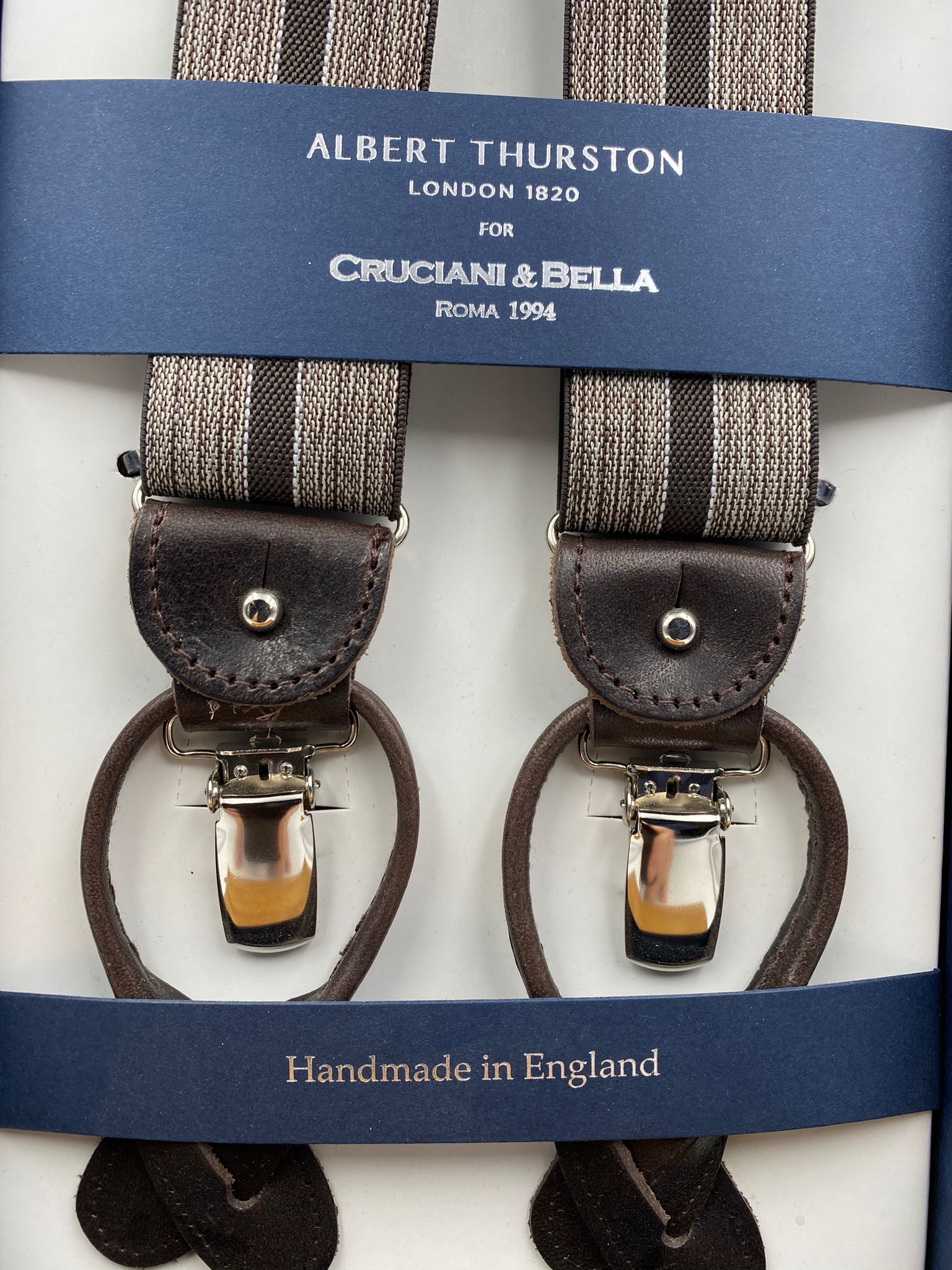 Albert Thurston for Cruciani & Bella Made in England 2 in 1 Adjustable Sizing 35 mm elastic braces Brown Stripes Y-Shaped Nickel Fittings #4877