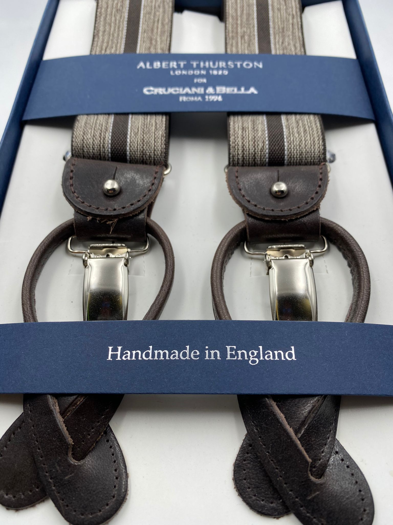 Albert Thurston for Cruciani & Bella Made in England 2 in 1 Adjustable Sizing 35 mm elastic braces Brown Stripes Y-Shaped Nickel Fittings #4877