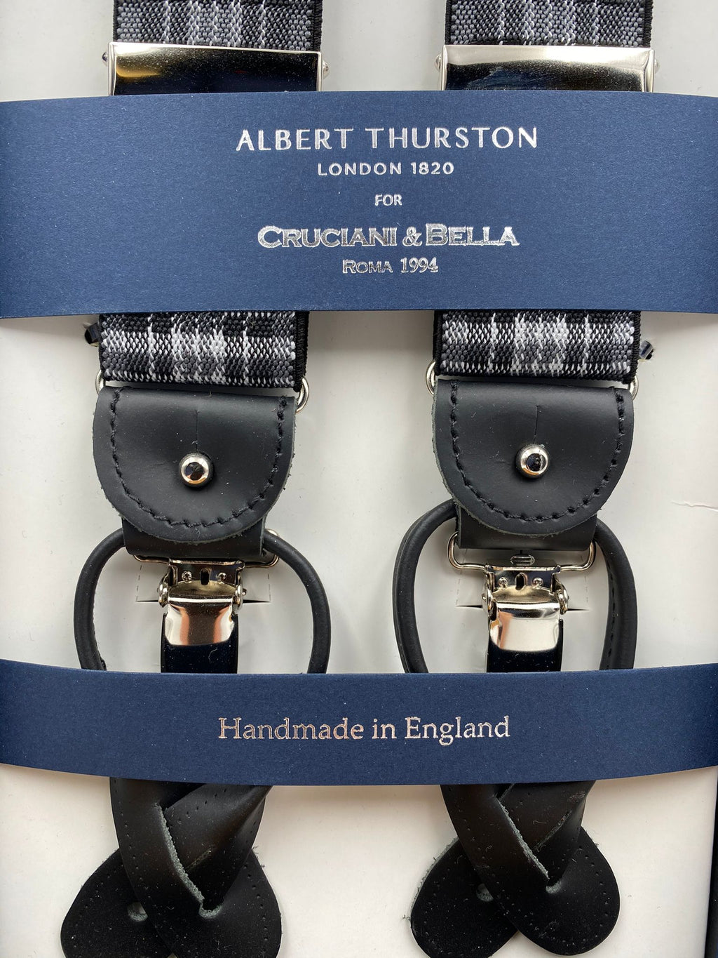 Albert Thurston for Cruciani & Bella Made in England 2 in 1 Adjustable Sizing 35 mm elastic braces Black and Grey Tartan Y-Shaped Nickel Fittings #4882