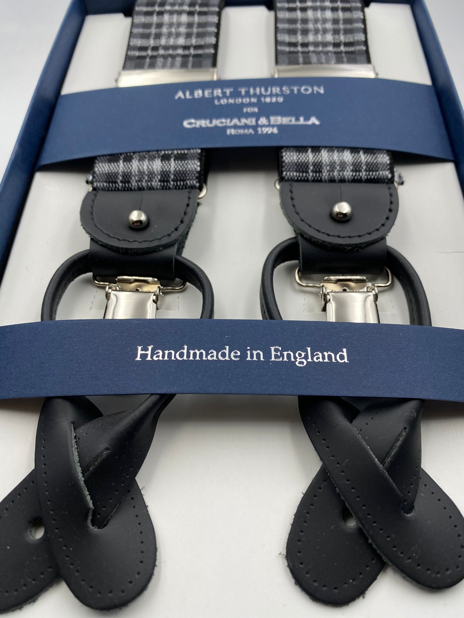 Albert Thurston for Cruciani & Bella Made in England 2 in 1 Adjustable Sizing 35 mm elastic braces Black and Grey Tartan Y-Shaped Nickel Fittings #4882