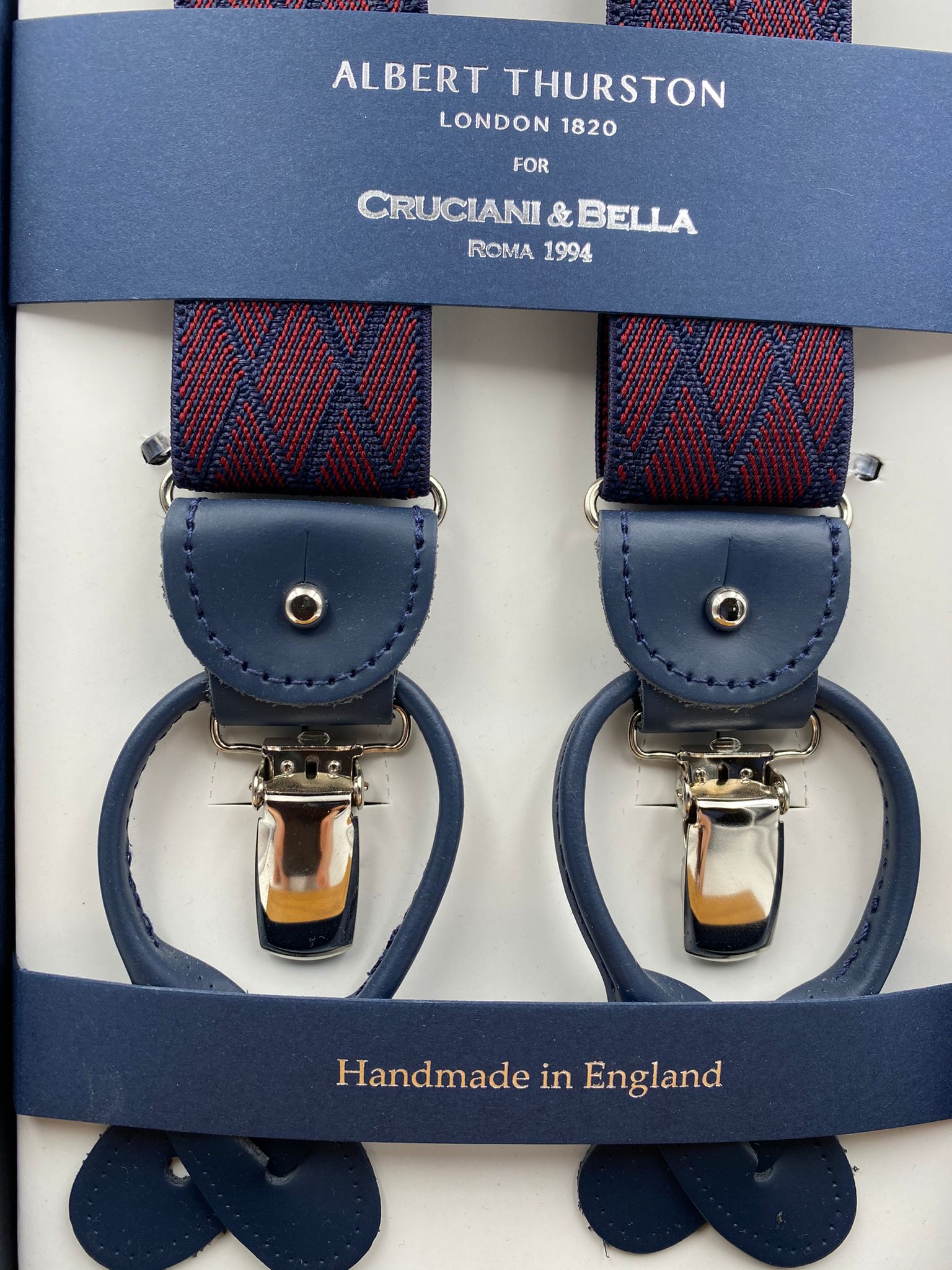 Albert Thurston for Cruciani & Bella Made in England 2 in 1 Adjustable Sizing 35 mm elastic braces Red and Blue Rhombus Y-Shaped Nickel Fittings #4789