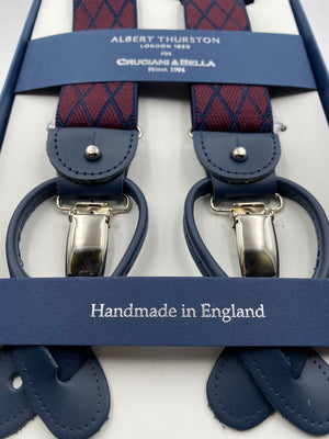 Albert Thurston for Cruciani & Bella Made in England 2 in 1 Adjustable Sizing 35 mm elastic braces Red and Blue Rhombus Y-Shaped Nickel Fittings #4789