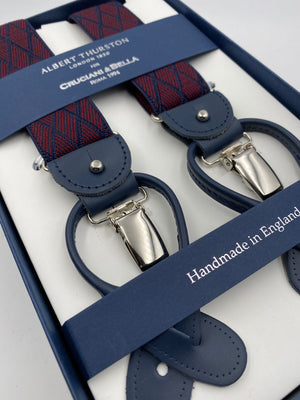 Albert Thurston for Cruciani & Bella Made in England 2 in 1 Adjustable Sizing 35 mm elastic braces Red and Blue Rhombus Y-Shaped Nickel Fittings #4789