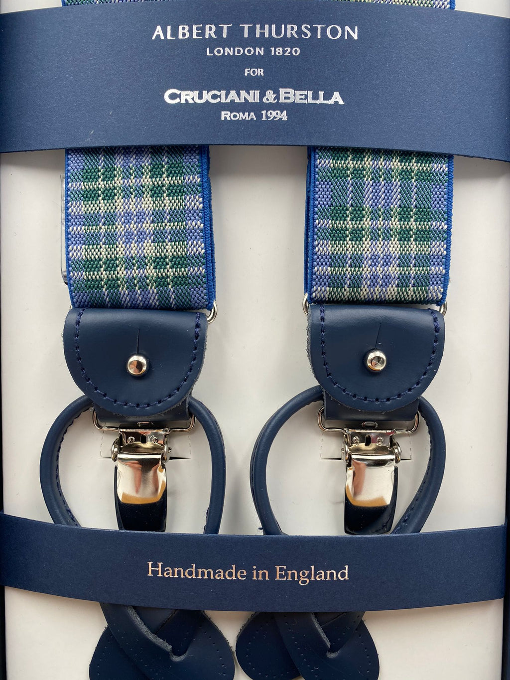 Albert Thurston for Cruciani & Bella Made in England 2 in 1 Adjustable Sizing 35 mm elastic braces Light Blue and Green Y-Shaped Nickel Fittings #4883