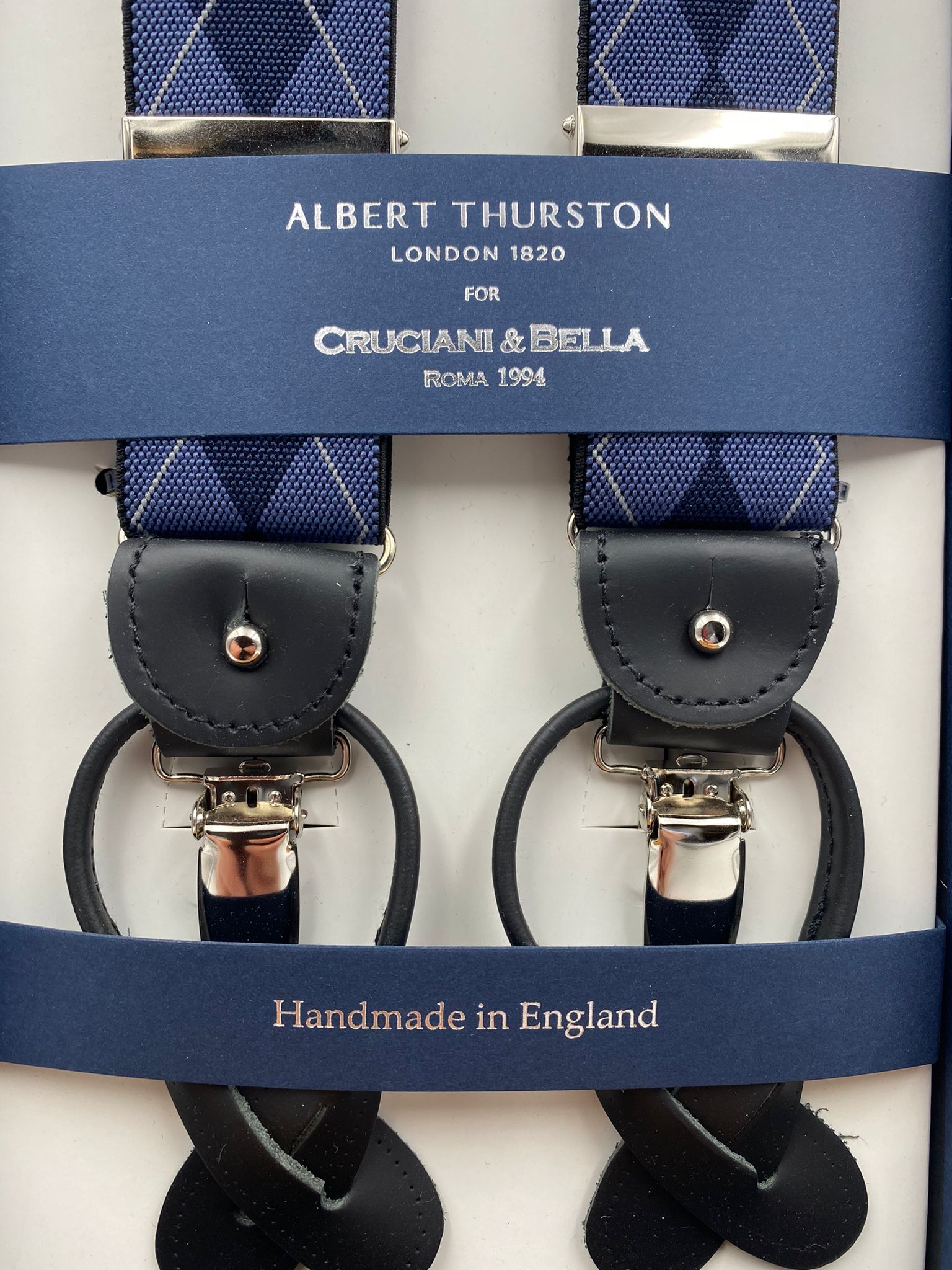 Albert Thurston for Cruciani & Bella Made in England 2 in 1 Adjustable Sizing 35 mm elastic braces Light Blue and Blue Tartan Y-Shaped Nickel Fittings #4885