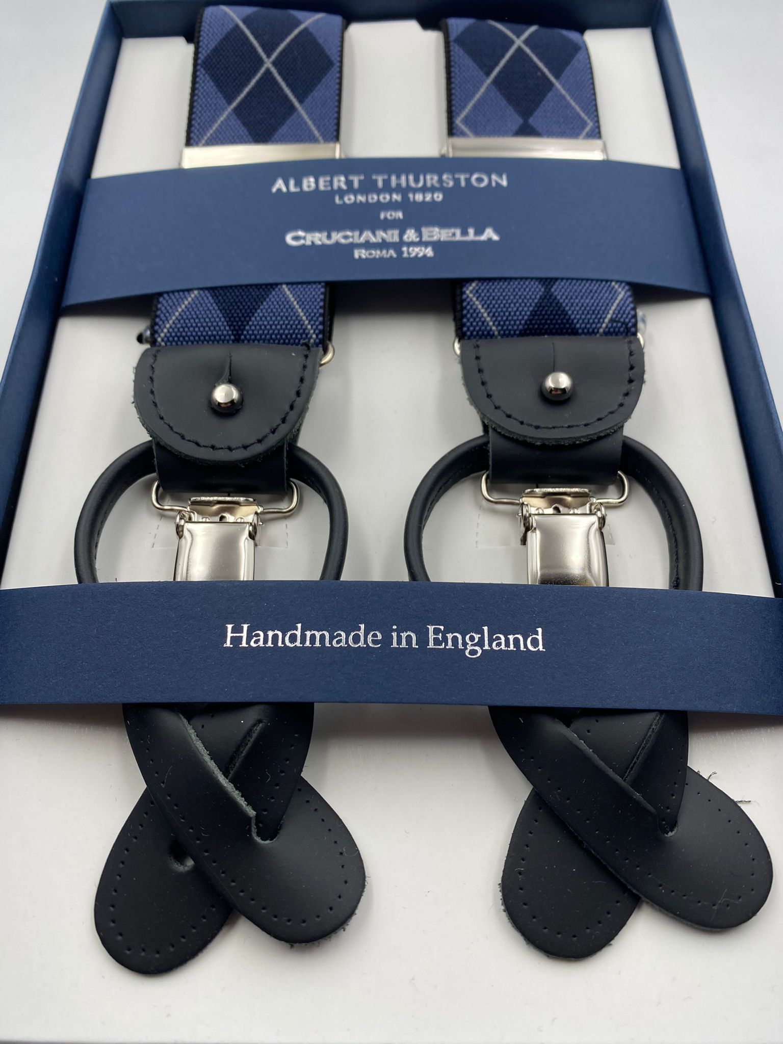 Albert Thurston for Cruciani & Bella Made in England 2 in 1 Adjustable Sizing 35 mm elastic braces Light Blue and Blue Tartan Y-Shaped Nickel Fittings #4885