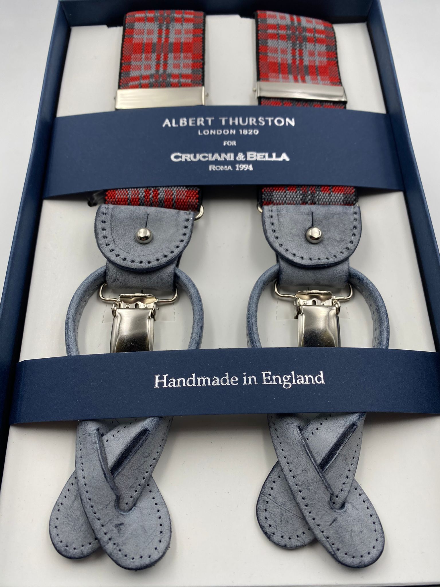Albert Thurston for Cruciani & Bella Made in England 2 in 1 Adjustable Sizing 35 mm elastic braces Grey and Red Tartan Y-Shaped Nickel Fittings #4884