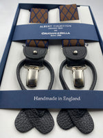 Albert Thurston for Cruciani & Bella Made in England 2 in 1 Adjustable Sizing 35 mm elastic braces Brown and Blue Rhombus Y-Shaped Nickel Fittings #4878