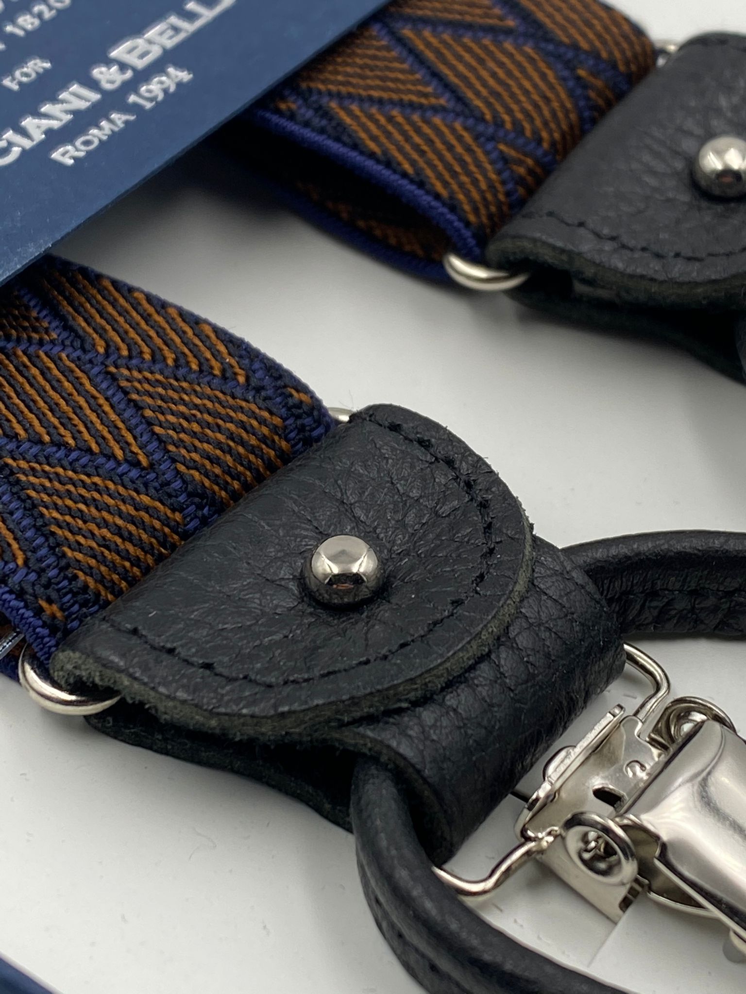 Albert Thurston for Cruciani & Bella Made in England 2 in 1 Adjustable Sizing 35 mm elastic braces Brown and Blue Rhombus Y-Shaped Nickel Fittings #4878