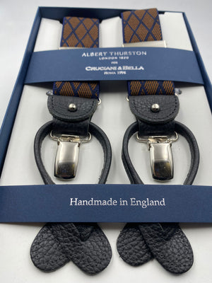 Albert Thurston for Cruciani & Bella Made in England 2 in 1 Adjustable Sizing 35 mm elastic braces Brown and Blue Rhombus Y-Shaped Nickel Fittings #4878