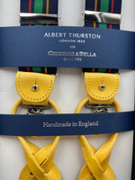 Albert Thurston for Cruciani & Bella Made in England 2 in 1 Adjustable Sizing 35 mm elastic braces Blue, Green, Red and Yellow  Stripes Y-Shaped Nickel Fittings #4863