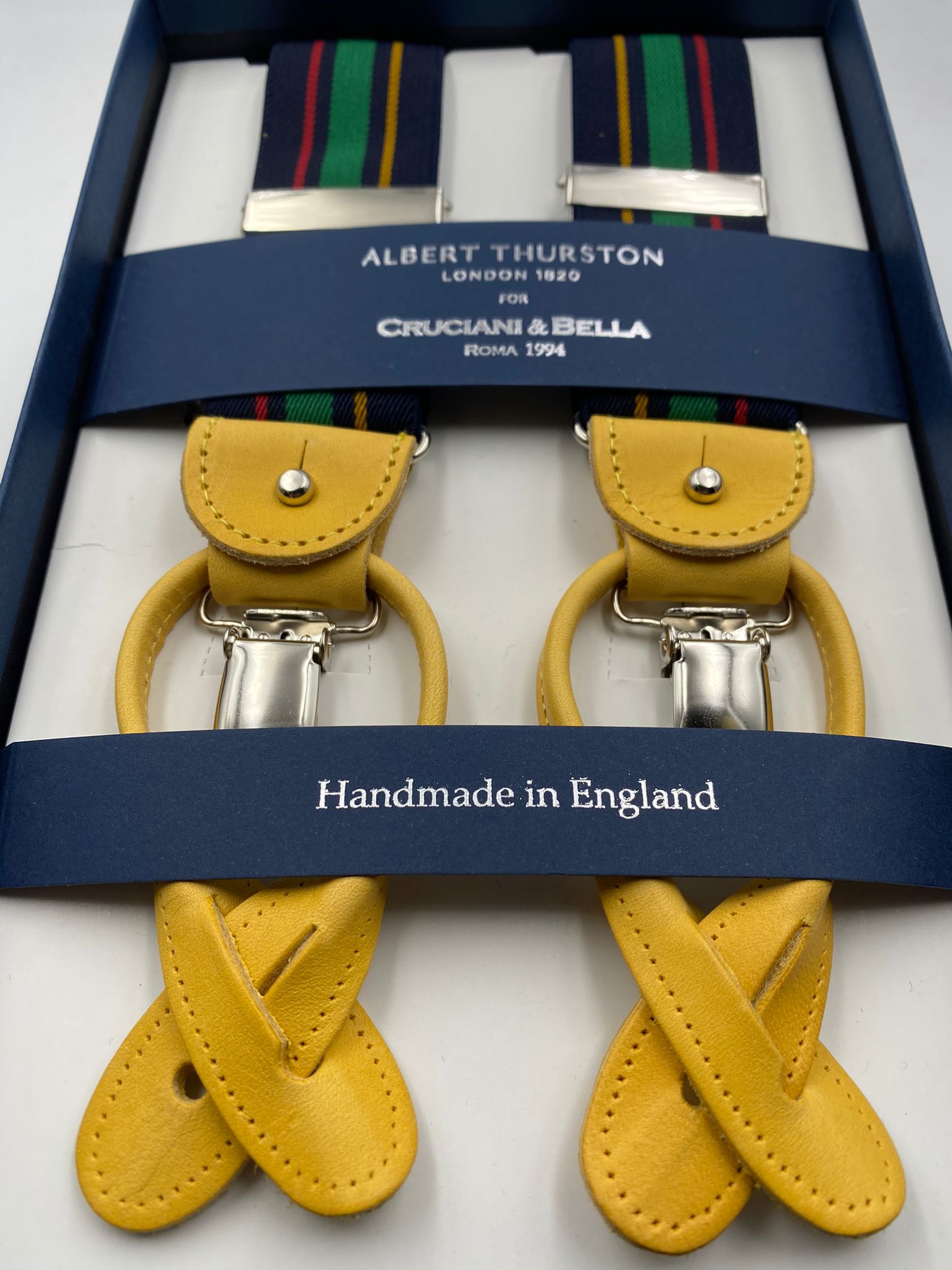 Albert Thurston for Cruciani & Bella Made in England 2 in 1 Adjustable Sizing 35 mm elastic braces Blue, Green, Red and Yellow  Stripes Y-Shaped Nickel Fittings #4863