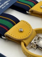Albert Thurston for Cruciani & Bella Made in England 2 in 1 Adjustable Sizing 35 mm elastic braces Blue, Green, Red and Yellow  Stripes Y-Shaped Nickel Fittings #4863