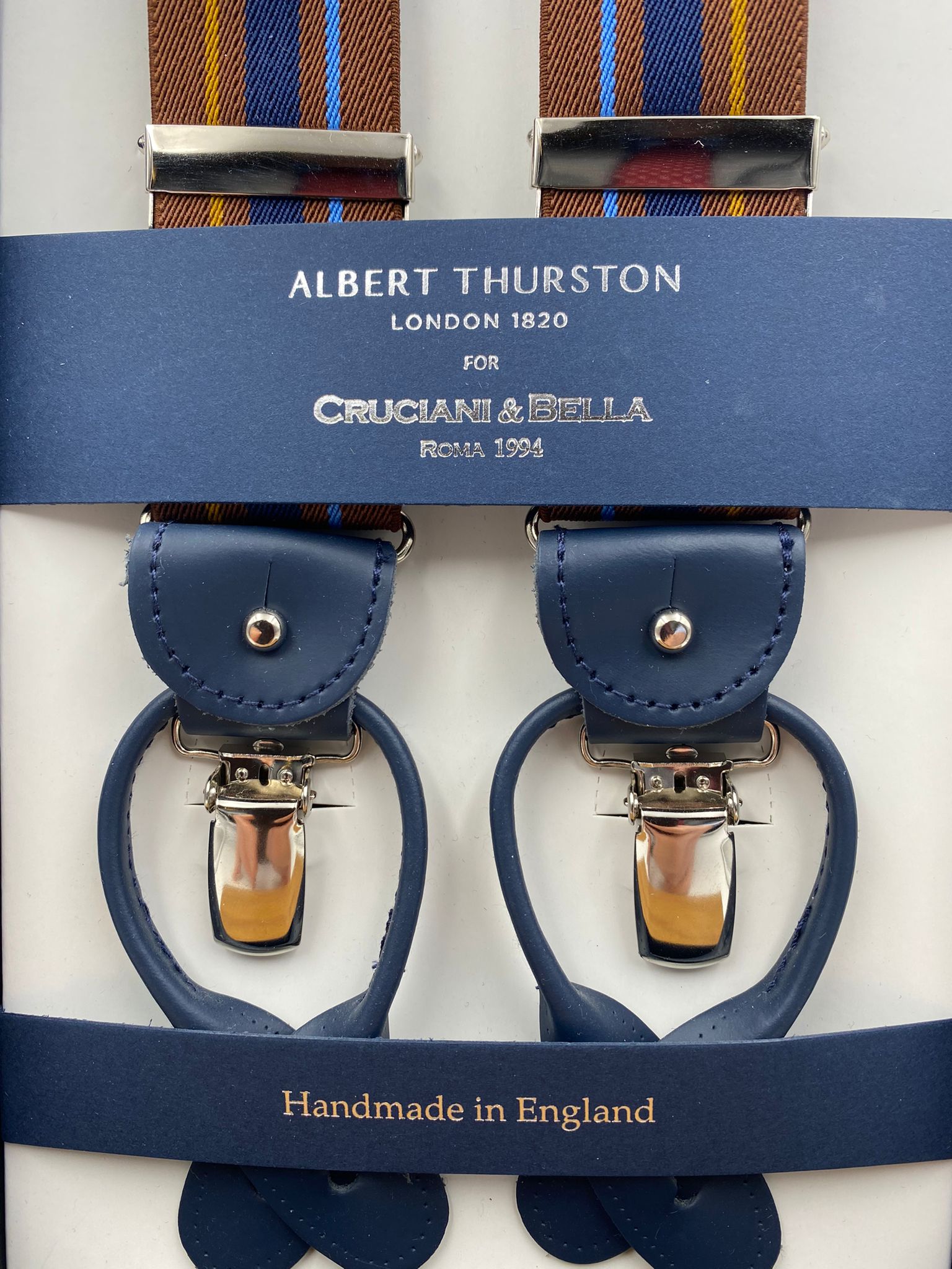 Albert Thurston for Cruciani & Bella Made in England 2 in 1 Adjustable Sizing 35 mm elastic braces Brown and Blue Stripes Y-Shaped Nickel Fittings #4864