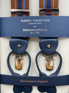 Albert Thurston for Cruciani & Bella Made in England 2 in 1 Adjustable Sizing 35 mm elastic braces Brown and Blue Stripes Y-Shaped Nickel Fittings #4864