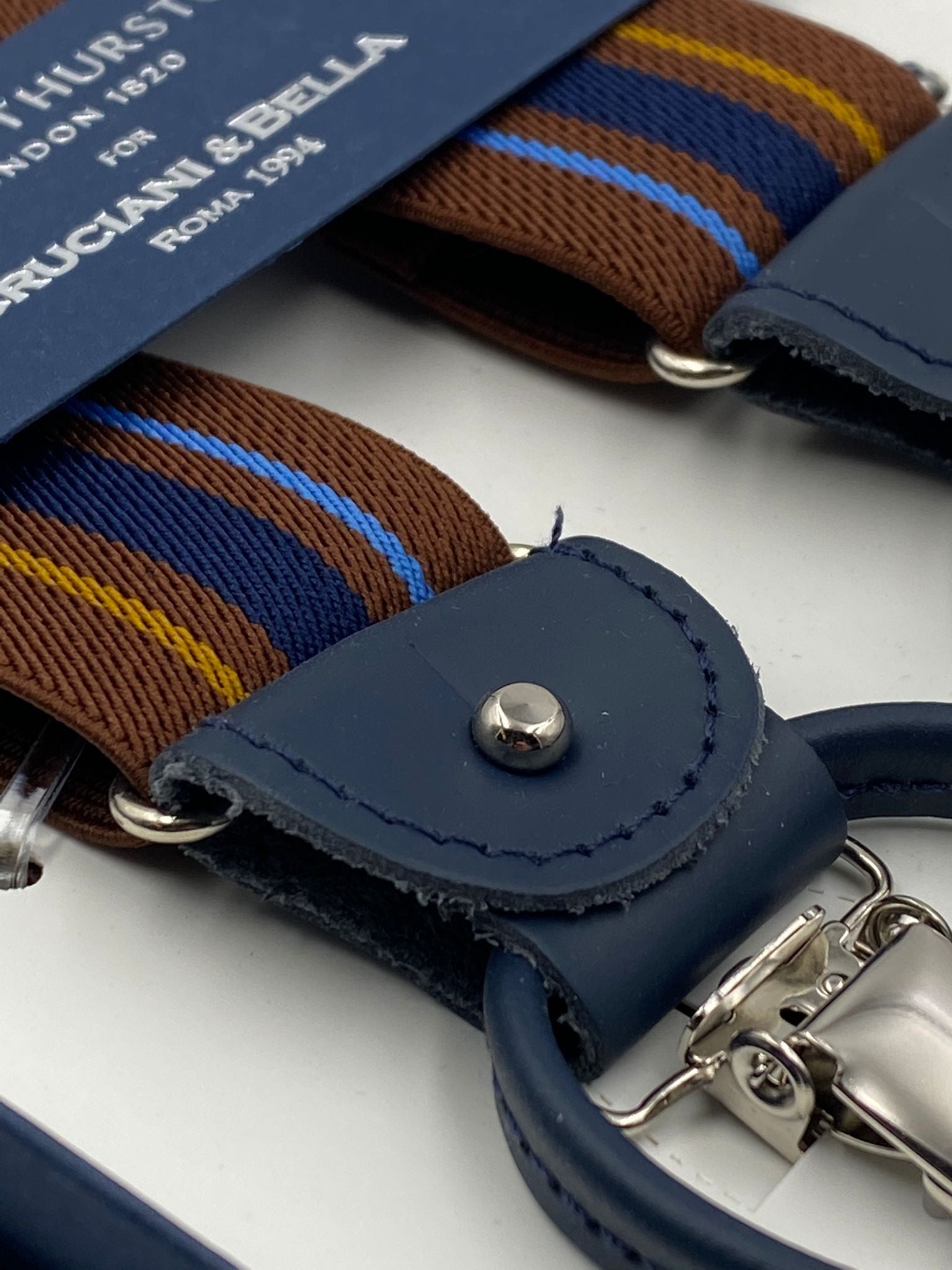 Albert Thurston for Cruciani & Bella Made in England 2 in 1 Adjustable Sizing 35 mm elastic braces Brown and Blue Stripes Y-Shaped Nickel Fittings #4864