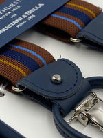 Albert Thurston for Cruciani & Bella Made in England 2 in 1 Adjustable Sizing 35 mm elastic braces Brown and Blue Stripes Y-Shaped Nickel Fittings #4864