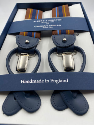 Albert Thurston for Cruciani & Bella Made in England 2 in 1 Adjustable Sizing 35 mm elastic braces Brown and Blue Stripes Y-Shaped Nickel Fittings #4864