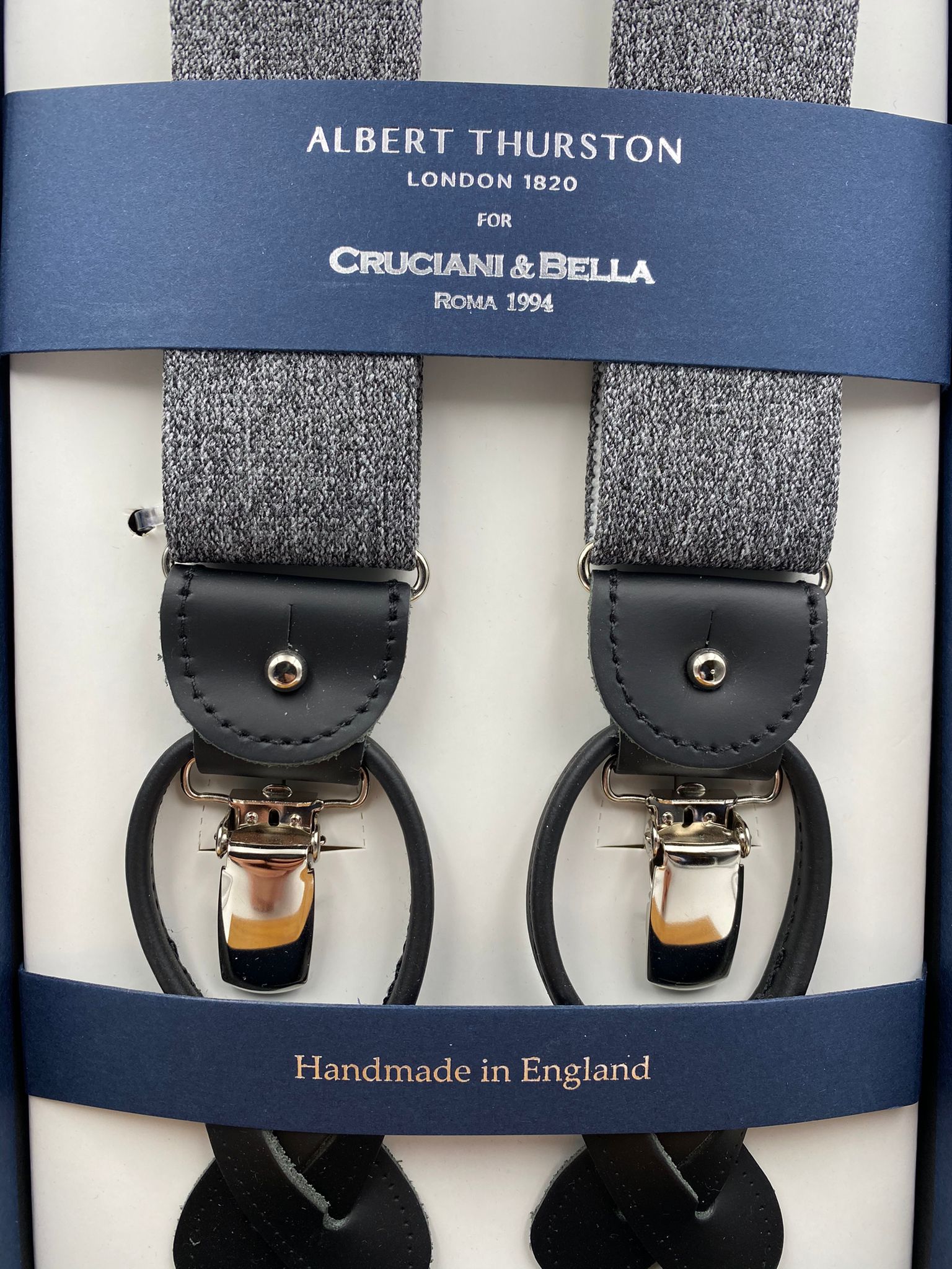 Albert Thurston for Cruciani & Bella Made in England 2 in 1 Adjustable Sizing 35 mm elastic braces Grey Plain Y-Shaped Nickel Fittings #4869
