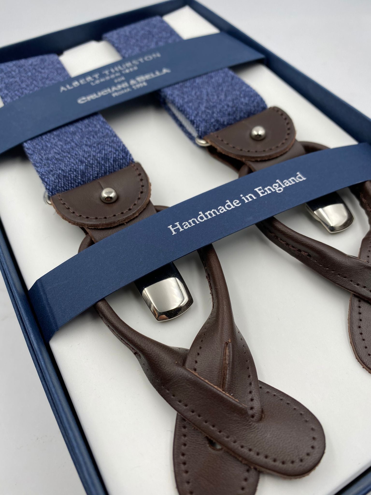 Albert Thurston for Cruciani & Bella Made in England 2 in 1 Adjustable Sizing 35 mm elastic braces Blue Denim Plain Y-Shaped Nickel Fittings #4870