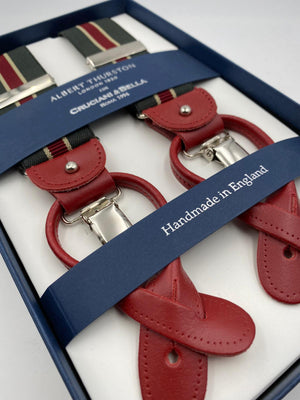 Albert Thurston for Cruciani & Bella Made in England 2 in 1 Adjustable Sizing 35 mm elastic braces Forest Green and Red Stripes Y-Shaped Nickel Fittings #4865