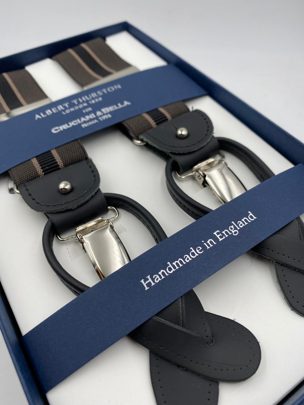 Albert Thurston for Cruciani & Bella Made in England 2 in 1 Adjustable Sizing 35 mm elastic braces Dark Brown and Black Stripes Y-Shaped Nickel Fittings #4866