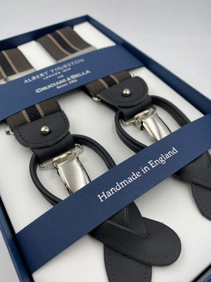 Albert Thurston for Cruciani & Bella Made in England 2 in 1 Adjustable Sizing 35 mm elastic braces Dark Brown and Black Stripes Y-Shaped Nickel Fittings #4866