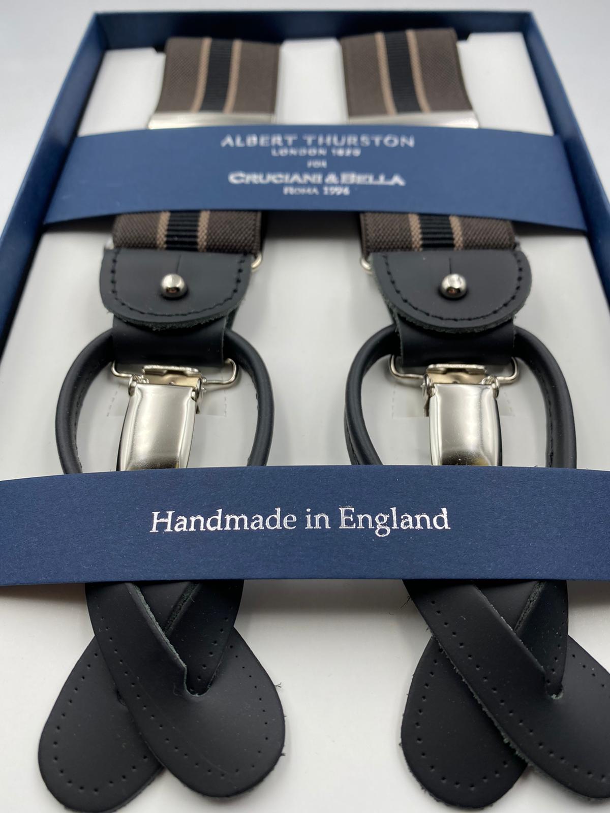 Albert Thurston for Cruciani & Bella Made in England 2 in 1 Adjustable Sizing 35 mm elastic braces Dark Brown and Black Stripes Y-Shaped Nickel Fittings #4866