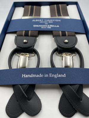 Albert Thurston for Cruciani & Bella Made in England 2 in 1 Adjustable Sizing 35 mm elastic braces Dark Brown and Black Stripes Y-Shaped Nickel Fittings #4866