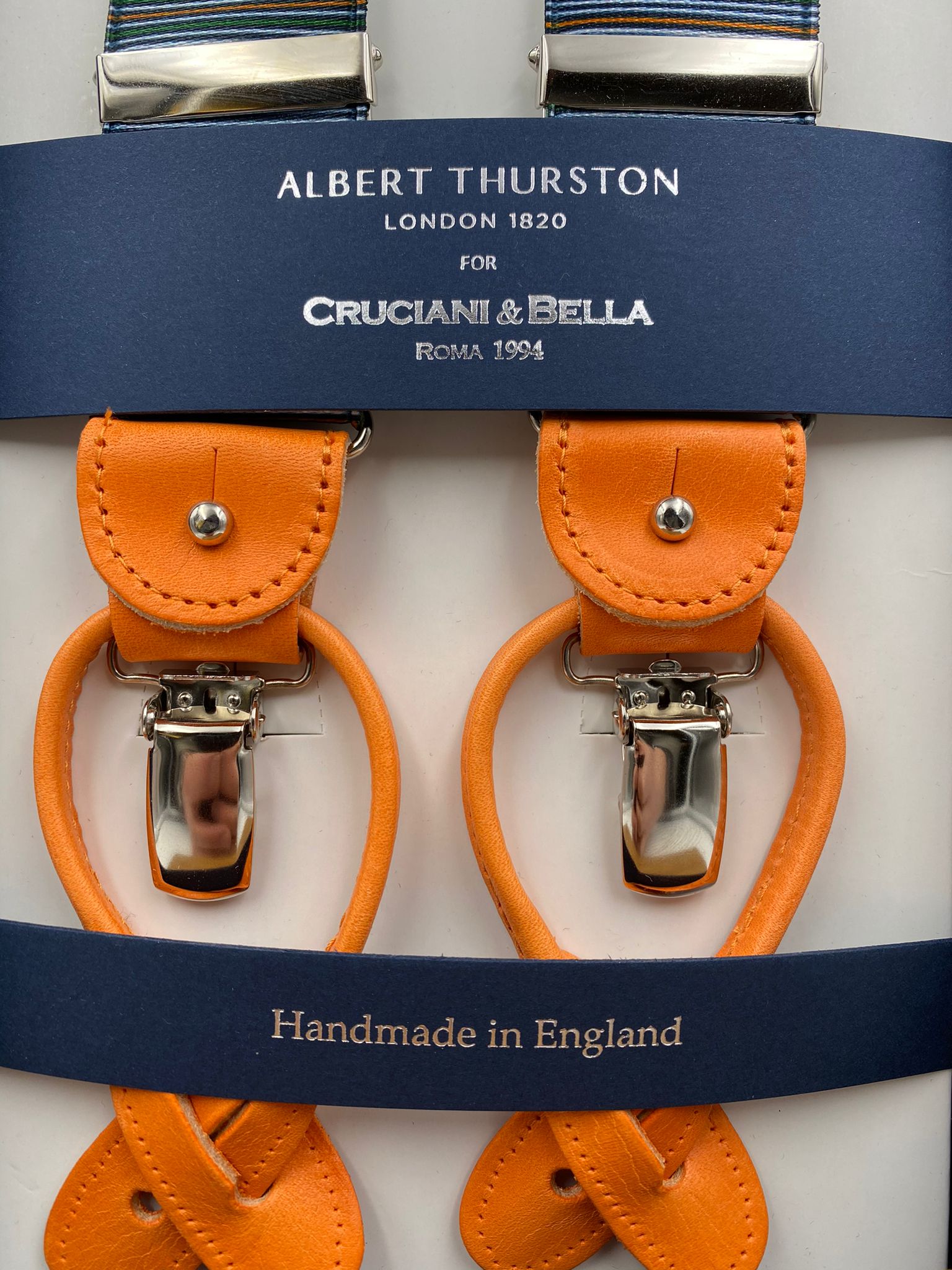 Albert Thurston for Cruciani & Bella Made in England 2 in 1 Adjustable Sizing 35 mm elastic braces Orange and Green Stripes Y-Shaped Nickel Fittings #4881