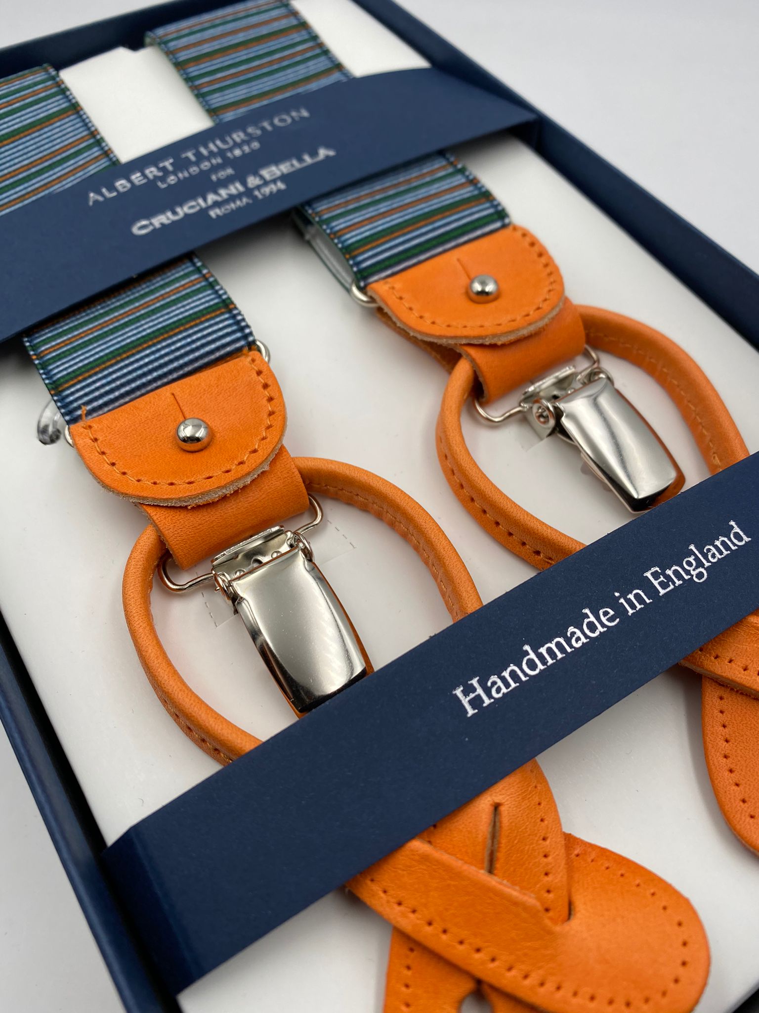 Albert Thurston for Cruciani & Bella Made in England 2 in 1 Adjustable Sizing 35 mm elastic braces Orange and Green Stripes Y-Shaped Nickel Fittings #4881