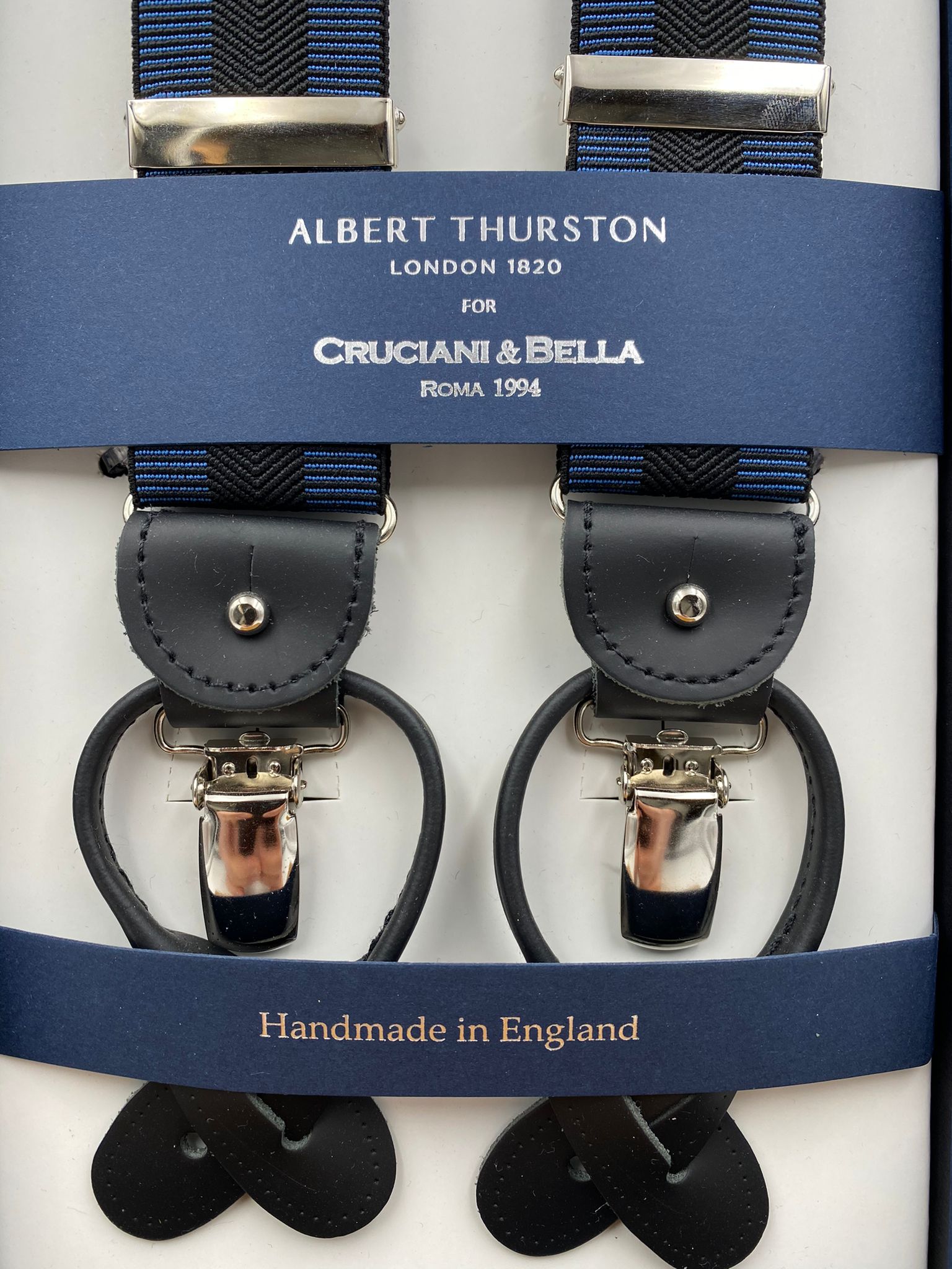 Albert Thurston for Cruciani & Bella Made in England 2 in 1 Adjustable Sizing 35 mm elastic braces Navy Blue abd Black Stripes Y-Shaped Nickel Fittings #4872