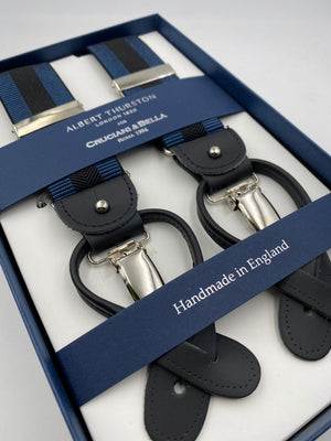 Albert Thurston for Cruciani & Bella Made in England 2 in 1 Adjustable Sizing 35 mm elastic braces Navy Blue abd Black Stripes Y-Shaped Nickel Fittings #4872