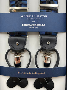 Albert Thurston for Cruciani & Bella Made in England 2 in 1 Adjustable Sizing 35 mm elastic braces Navy Blue abd Black Stripes Y-Shaped Nickel Fittings #4872