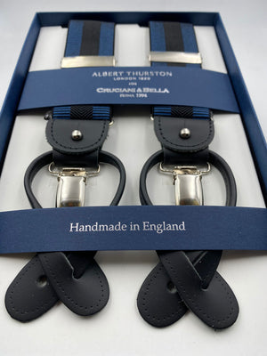 Albert Thurston for Cruciani & Bella Made in England 2 in 1 Adjustable Sizing 35 mm elastic braces Navy Blue abd Black Stripes Y-Shaped Nickel Fittings #4872