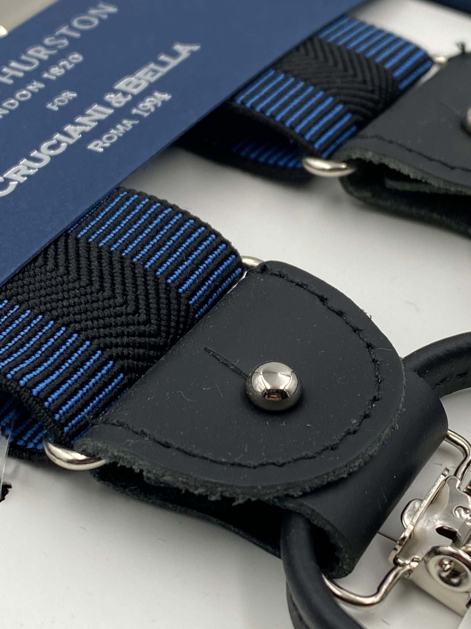 Albert Thurston for Cruciani & Bella Made in England 2 in 1 Adjustable Sizing 35 mm elastic braces Navy Blue abd Black Stripes Y-Shaped Nickel Fittings #4872
