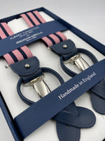 Albert Thurston for Cruciani & Bella Made in England 2 in 1 Adjustable Sizing 35 mm elastic braces Pink and Navy Blue Stripes Y-Shaped Nickel Fittings #4873