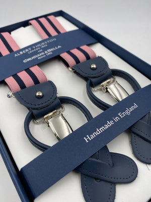 Albert Thurston for Cruciani & Bella Made in England 2 in 1 Adjustable Sizing 35 mm elastic braces Pink and Navy Blue Stripes Y-Shaped Nickel Fittings #4873