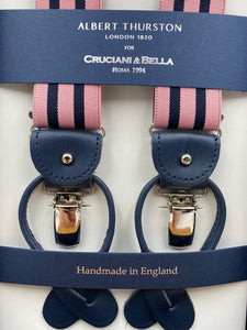 Albert Thurston for Cruciani & Bella Made in England 2 in 1 Adjustable Sizing 35 mm elastic braces Pink and Navy Blue Stripes Y-Shaped Nickel Fittings #4873