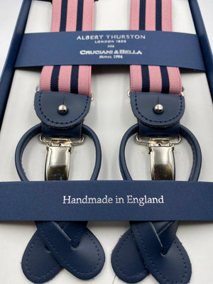 Albert Thurston for Cruciani & Bella Made in England 2 in 1 Adjustable Sizing 35 mm elastic braces Pink and Navy Blue Stripes Y-Shaped Nickel Fittings #4873