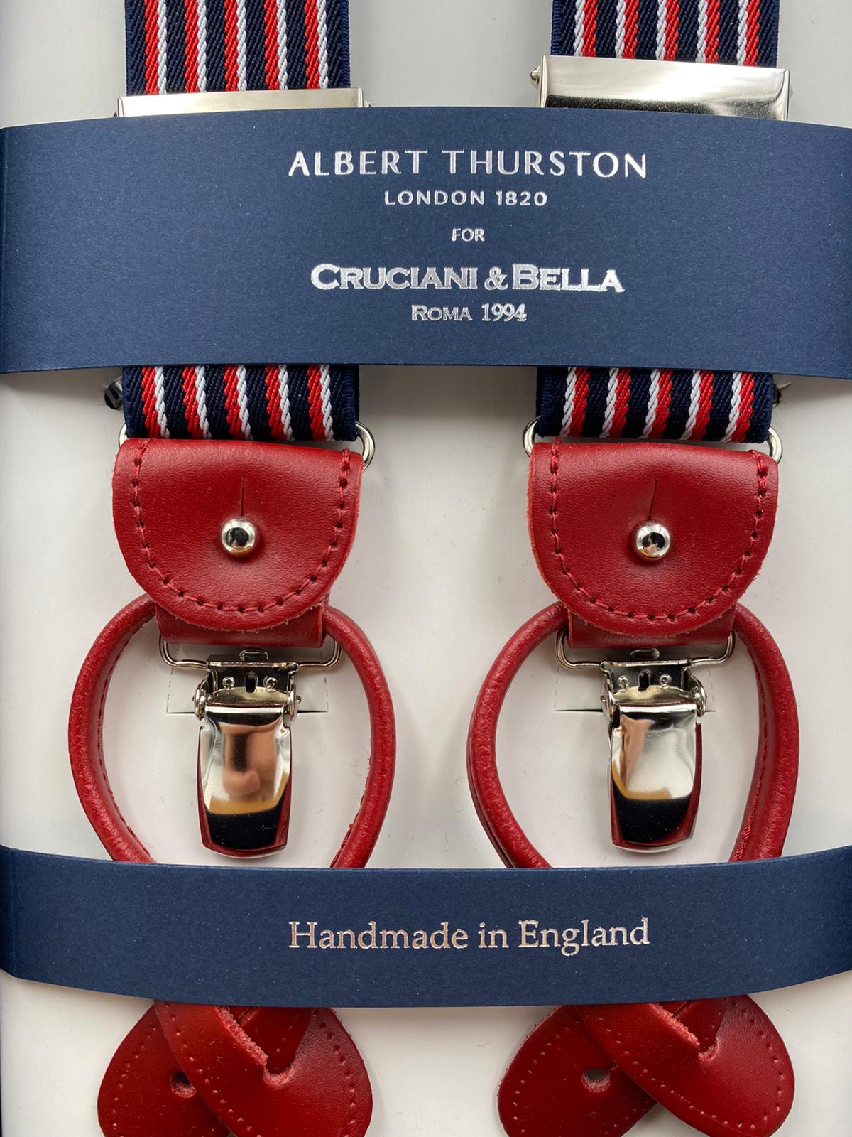 Albert Thurston for Cruciani & Bella Made in England 2 in 1 Adjustable Sizing 35 mm elastic braces Navy Blue, White and Red Stripes Y-Shaped Nickel Fittings #4867