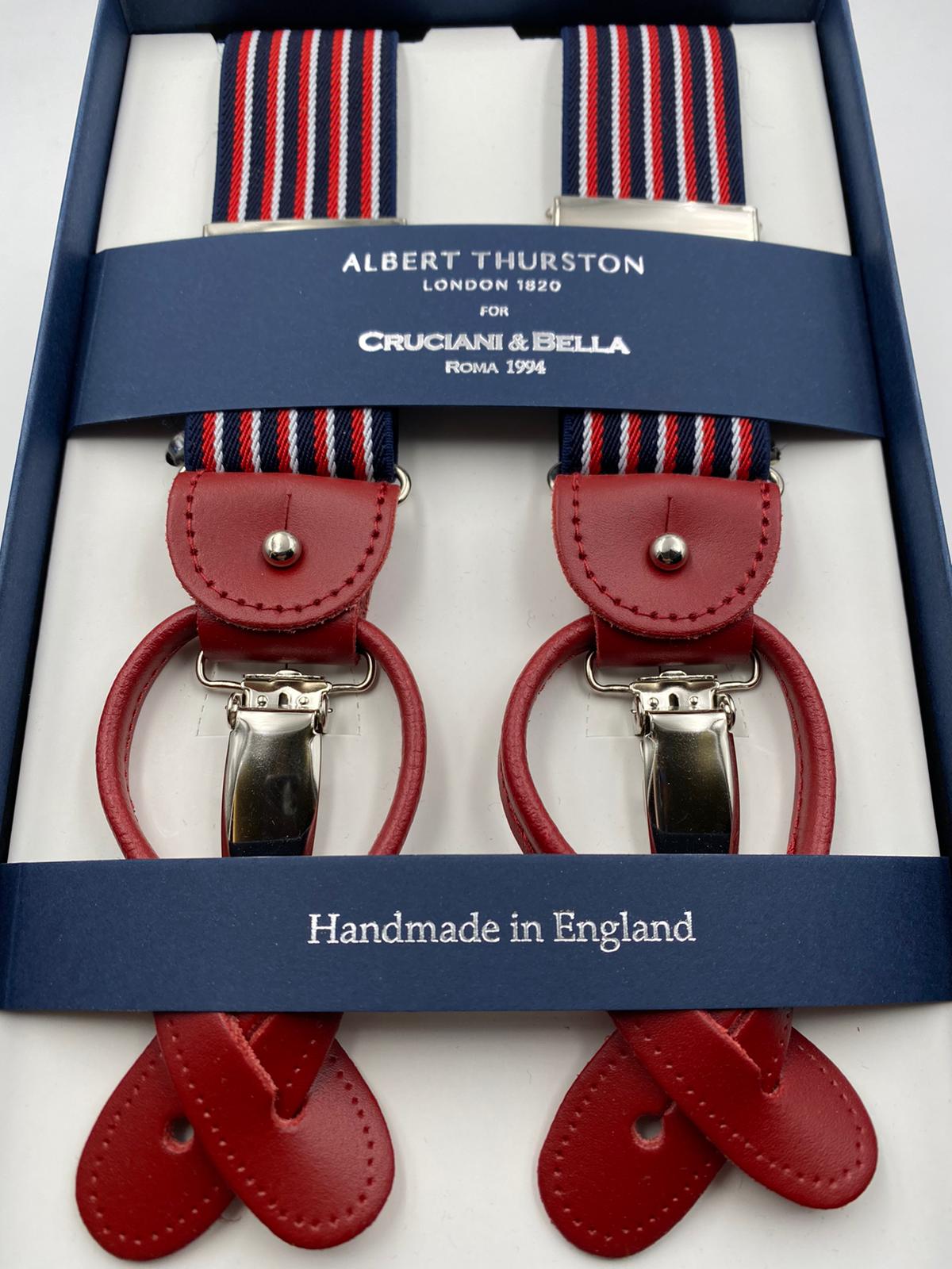 Albert Thurston for Cruciani & Bella Made in England 2 in 1 Adjustable Sizing 35 mm elastic braces Navy Blue, White and Red Stripes Y-Shaped Nickel Fittings #4867