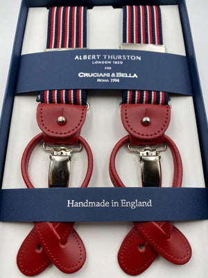 Albert Thurston for Cruciani & Bella Made in England 2 in 1 Adjustable Sizing 35 mm elastic braces Navy Blue, White and Red Stripes Y-Shaped Nickel Fittings #4867