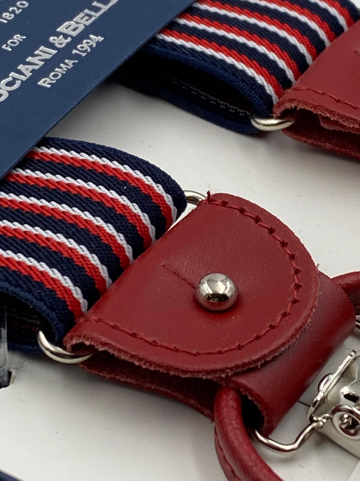 Albert Thurston for Cruciani & Bella Made in England 2 in 1 Adjustable Sizing 35 mm elastic braces Navy Blue, White and Red Stripes Y-Shaped Nickel Fittings #4867