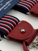 Albert Thurston for Cruciani & Bella Made in England 2 in 1 Adjustable Sizing 35 mm elastic braces Navy Blue, White and Red Stripes Y-Shaped Nickel Fittings #4867