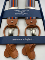 Albert Thurston for Cruciani & Bella Made in England 2 in 1 Adjustable Sizing 35 mm elastic braces Light Brown, Orange and Blue Stripes Y-Shaped Nickel Fittings #4874