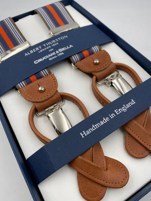 Albert Thurston for Cruciani & Bella Made in England 2 in 1 Adjustable Sizing 35 mm elastic braces Light Brown, Orange and Blue Stripes Y-Shaped Nickel Fittings #4874