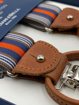 Albert Thurston for Cruciani & Bella Made in England 2 in 1 Adjustable Sizing 35 mm elastic braces Light Brown, Orange and Blue Stripes Y-Shaped Nickel Fittings #4874